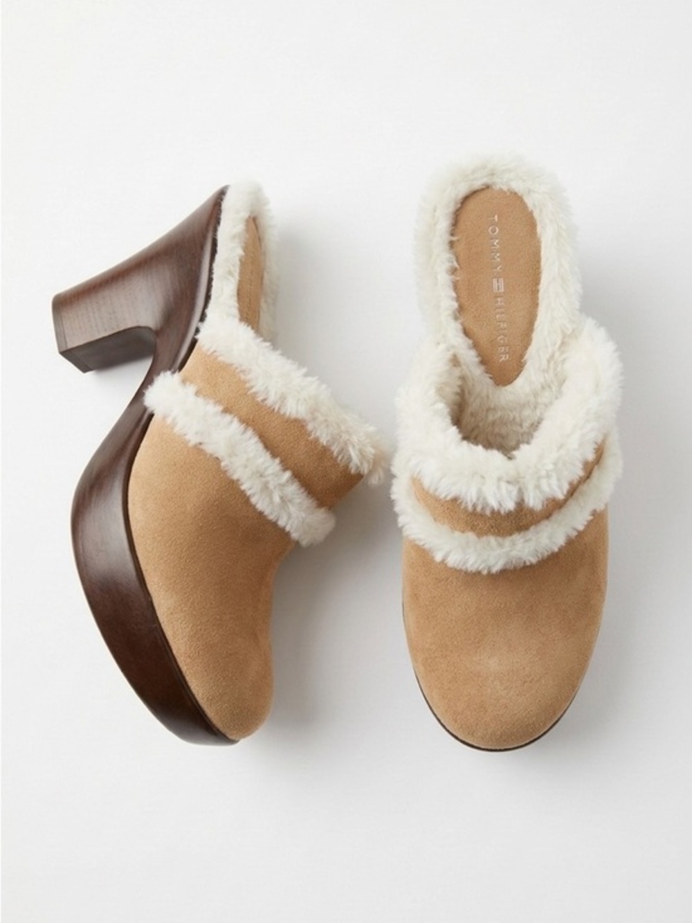 Tommy Hilfiger Suede Faux Fur Platform Clog Mules Chunky High Heel Shoes 6.5